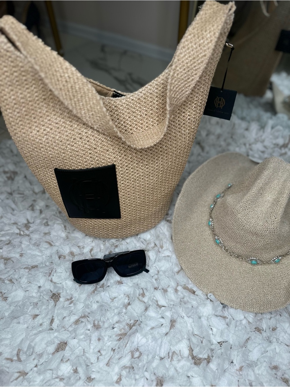 House of Harlow Straw Tote Bag Beige Boho Summer Beach Bag NWT